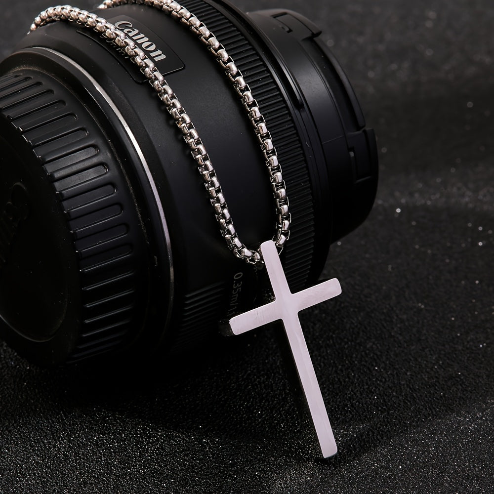 Funky Polished Minimalistic Cross Pendant Necklace For Men, Stainless Steel Chain Necklace