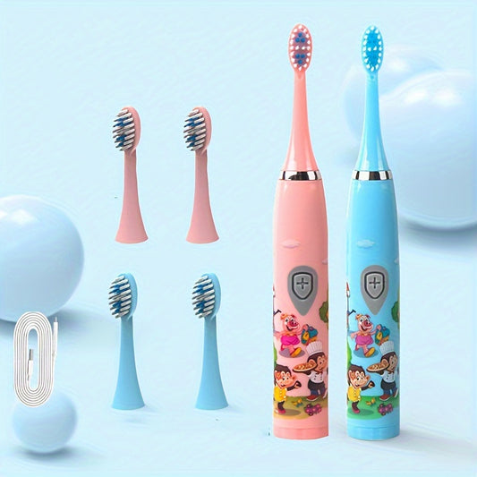 Escova de dentes elétrica com padrão animal de desenho animado, USB recarregável, vibratória, escova de dentes de cerdas macias à prova d&#39;água para meninos e meninas, cuidados de limpeza dentária