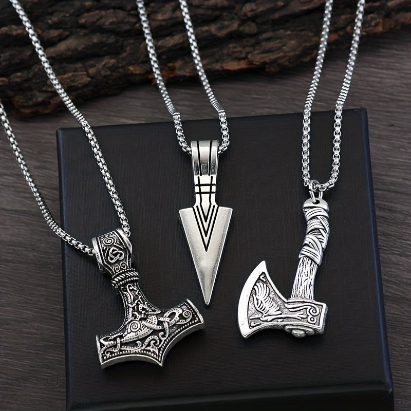 3pcs Viking Style Necklaces For Men, Hammer Compass Celtic Knot Wolf Ax Pendant Necklace, Nordic Amulet Pendant Necklace Holiday Jewelry Gift