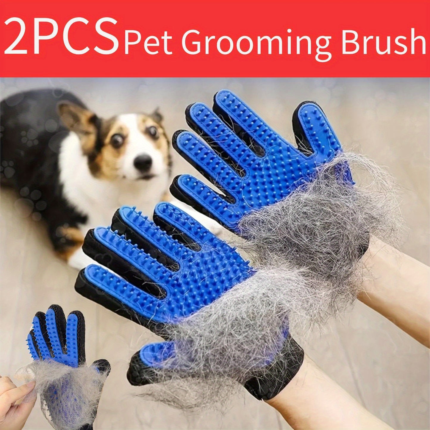 2pcs 2-in-1 Pet Grooming Glove Brush for Dogs and Cats - Fur and Hair Removal Mitt with Massage and Deshedding Benefits