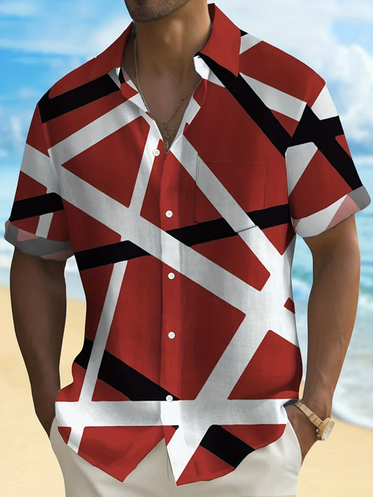 Plus Size Men's Summer Shirt, Contrast Color Stripes Print Short Sleeve Shirt For Males, Men's Clothing