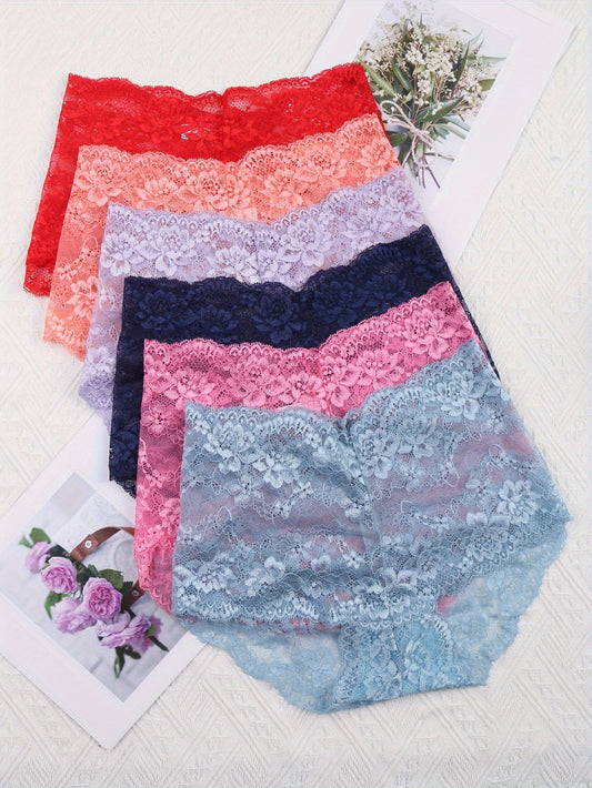 6pcs Floral Lace Briefs, Comfy & Breathable Stretchy Intimates Panties, Women's Lingerie & Underwear