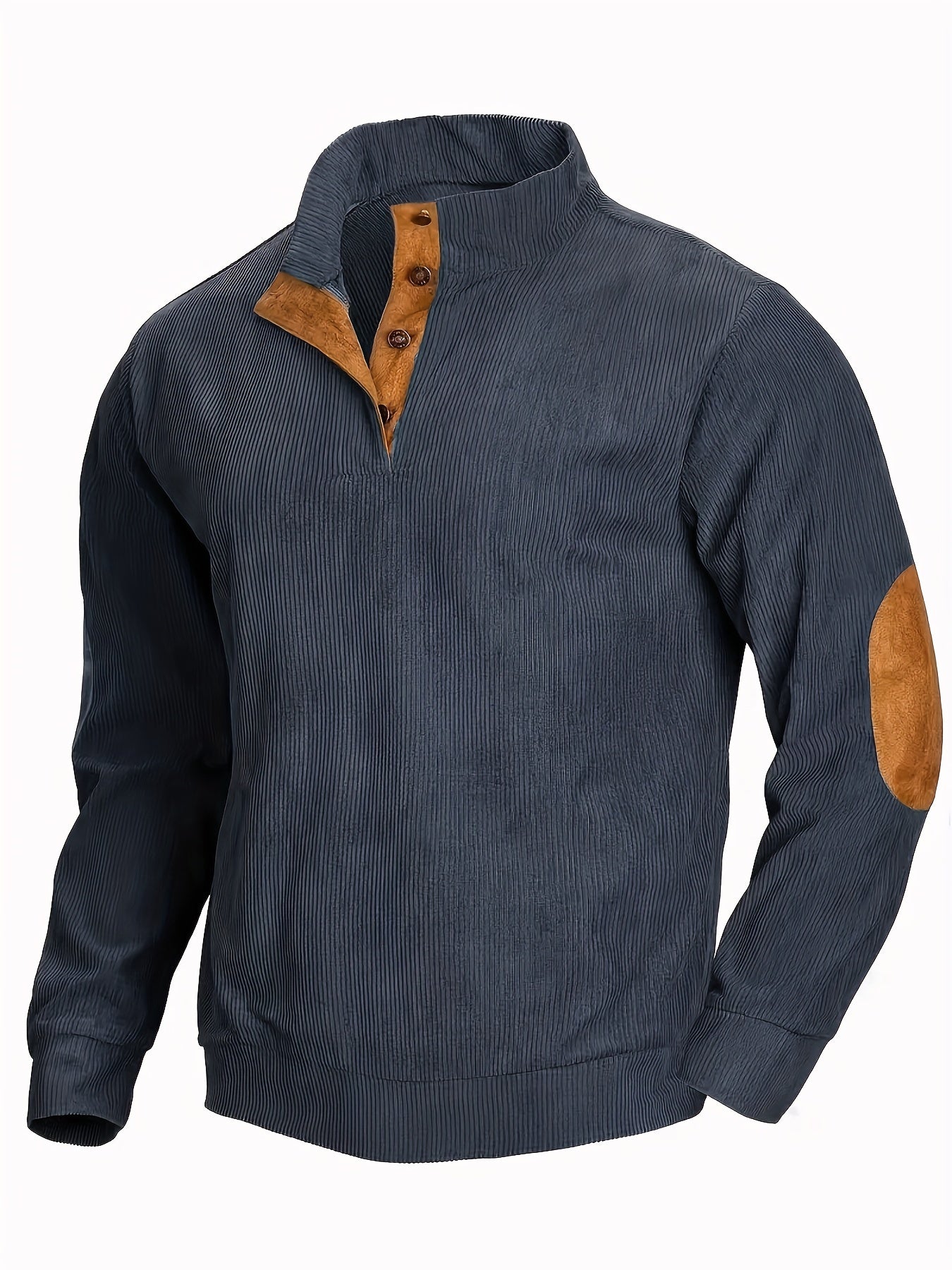 Casual côtelé hommes rétro couleur bloc confortable à manches longues Henley chemise avec col montant, automne hiver