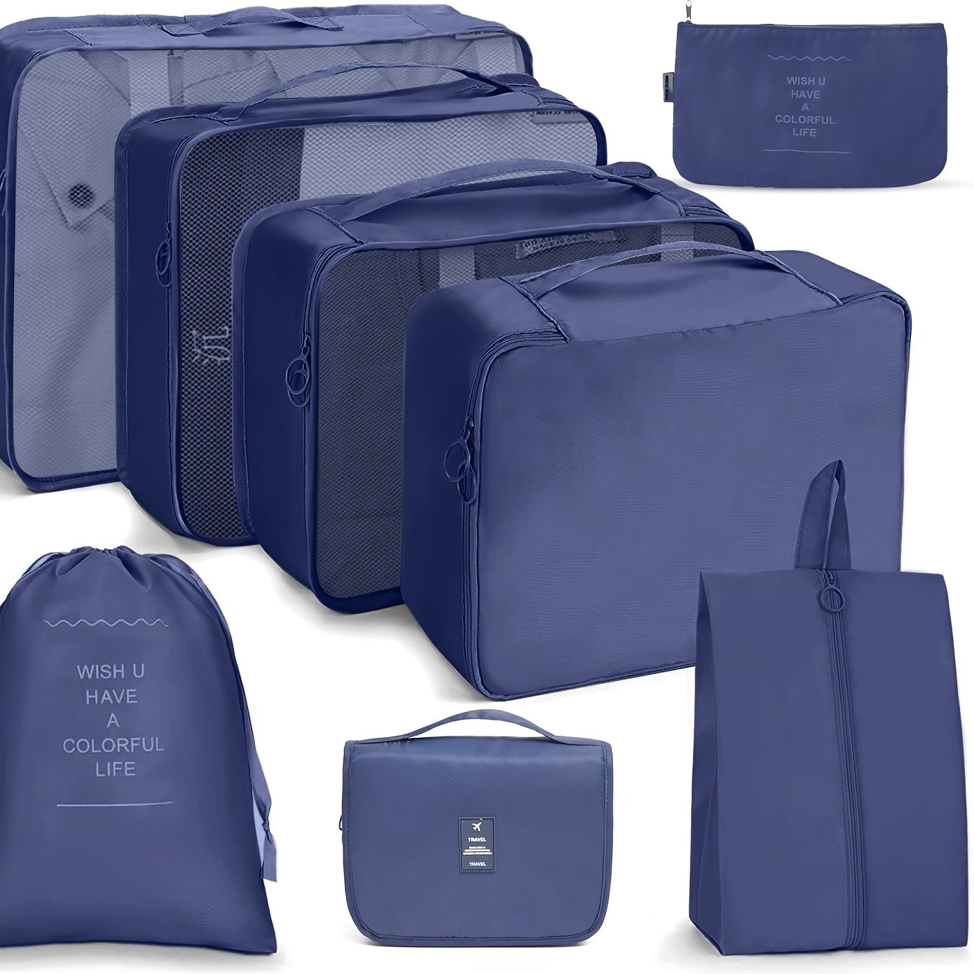 Ensemble de sac à bagages de voyage de couleur Solis 8 pcs, Cubes d'emballage antipoussière All-Match, Sacs à bagages légers