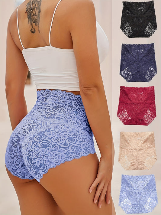 5pcs Floral Lace Briefs, Breathable Scallop Trim Stretch Panties, Women's Lingerie & Underwear