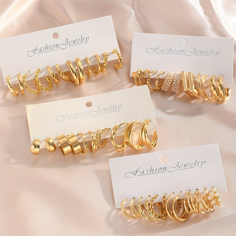 24 Pairs Golden Hoop Earrings Set With Faux Pearl Decor Sexy Simple Style Alloy Jewelry Delicate Female Gift