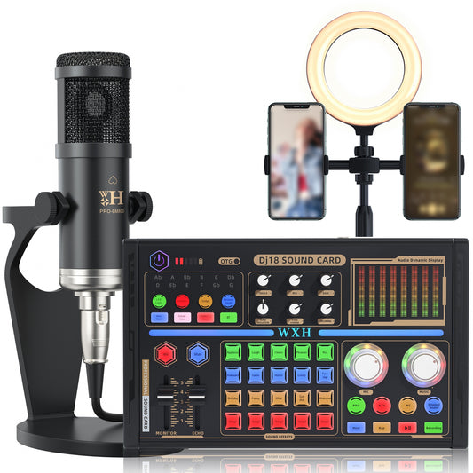 Kit d'équipement de podcast, kit de studio PRO-BM800 avec changeur de voix, carte son en direct-Interface audio pour ordinateurs portables, adapté aux jeux informatiques \ u002F Mobile \ u002F Vlog Life Radio Live (kit de carte son DJ18)