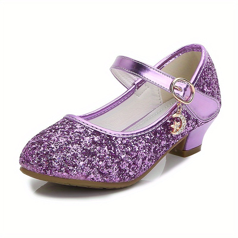 Kids Teenagers Girl's Low Heel Shoes, Shiny Sequins Princess Dress Shoes For Party, Spring And Summer