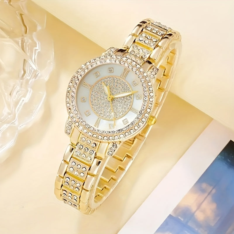 6pcs\u002Fset Women's Watch Luxury Rhinestone Quartz Watch Analog Stainless Steel Wrist Watch & Jewelry Set, Gift For Mom Her