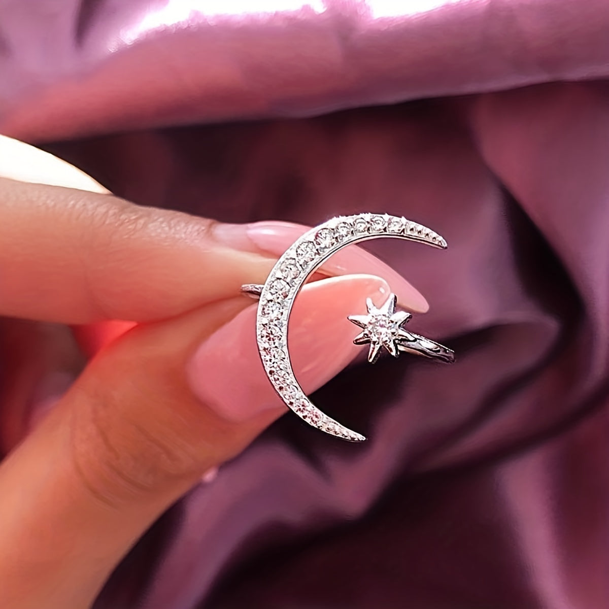 1pc Trendy Cuff Ring Moon And Sun Design Crescent Shape Inlaid Rhinestone Match Daily Outfits Dainty Party Accessory