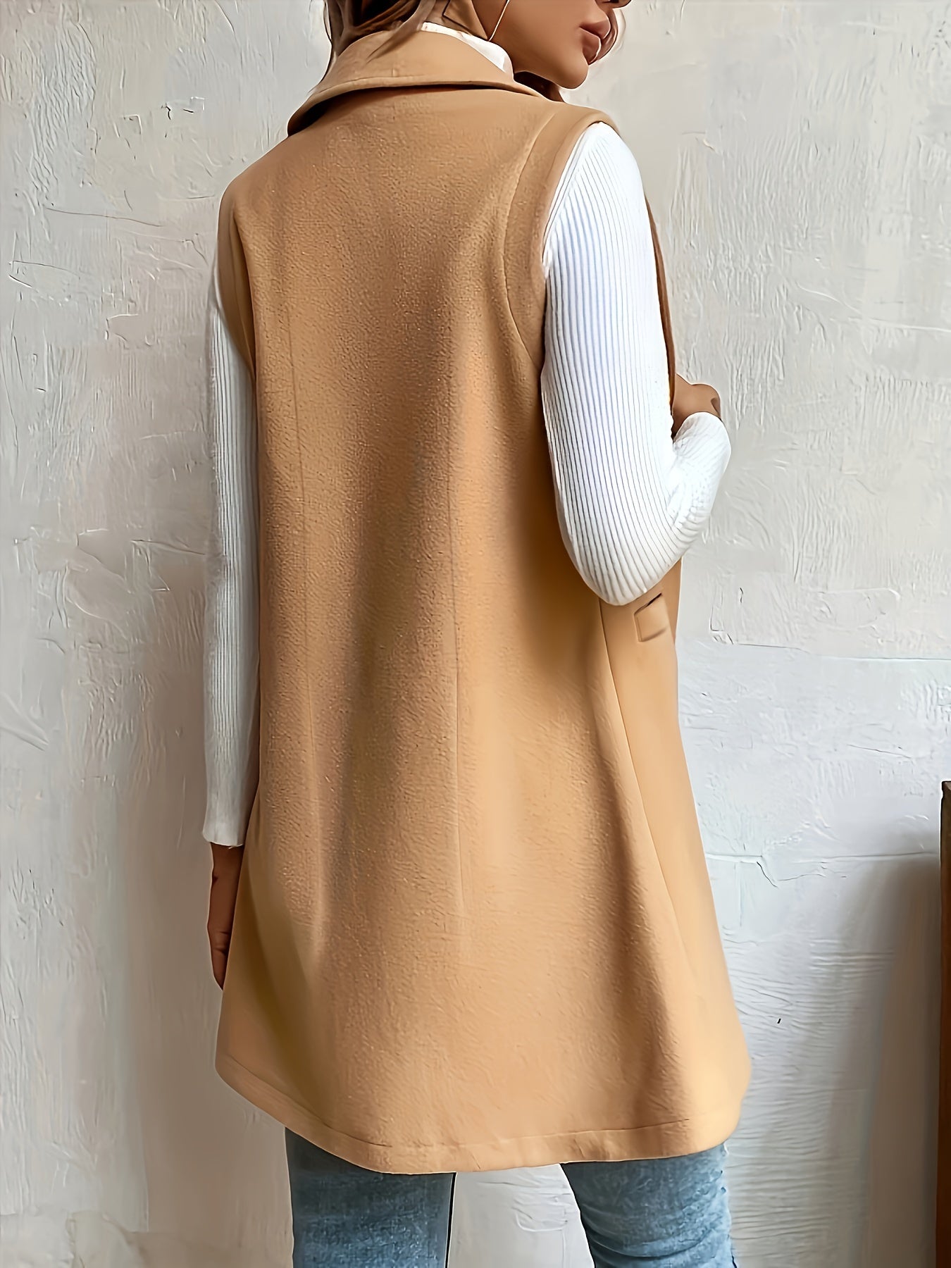 Solid Open Front Vest, Elegant Lapel Sleeveless Mid Length Vest, Women's Clothing