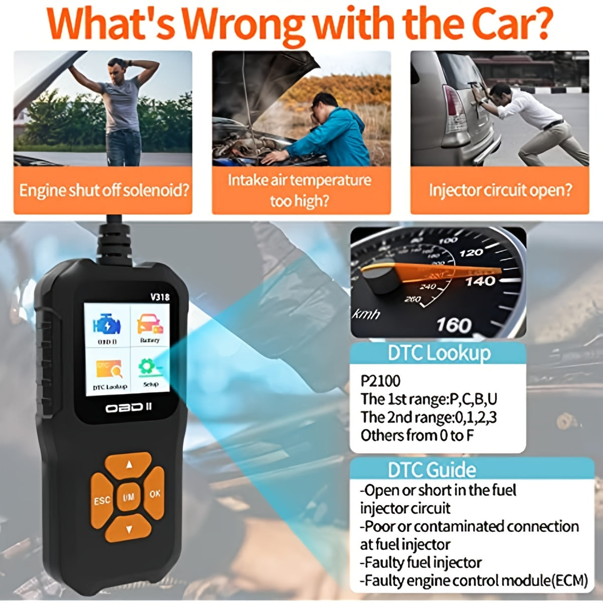 Car OBD2 Scanner Check Engine Light Fault Code Reader Battery Voltage Read Tool For All OBD II Protocol Vehicles Since 1996 Color Screen V318