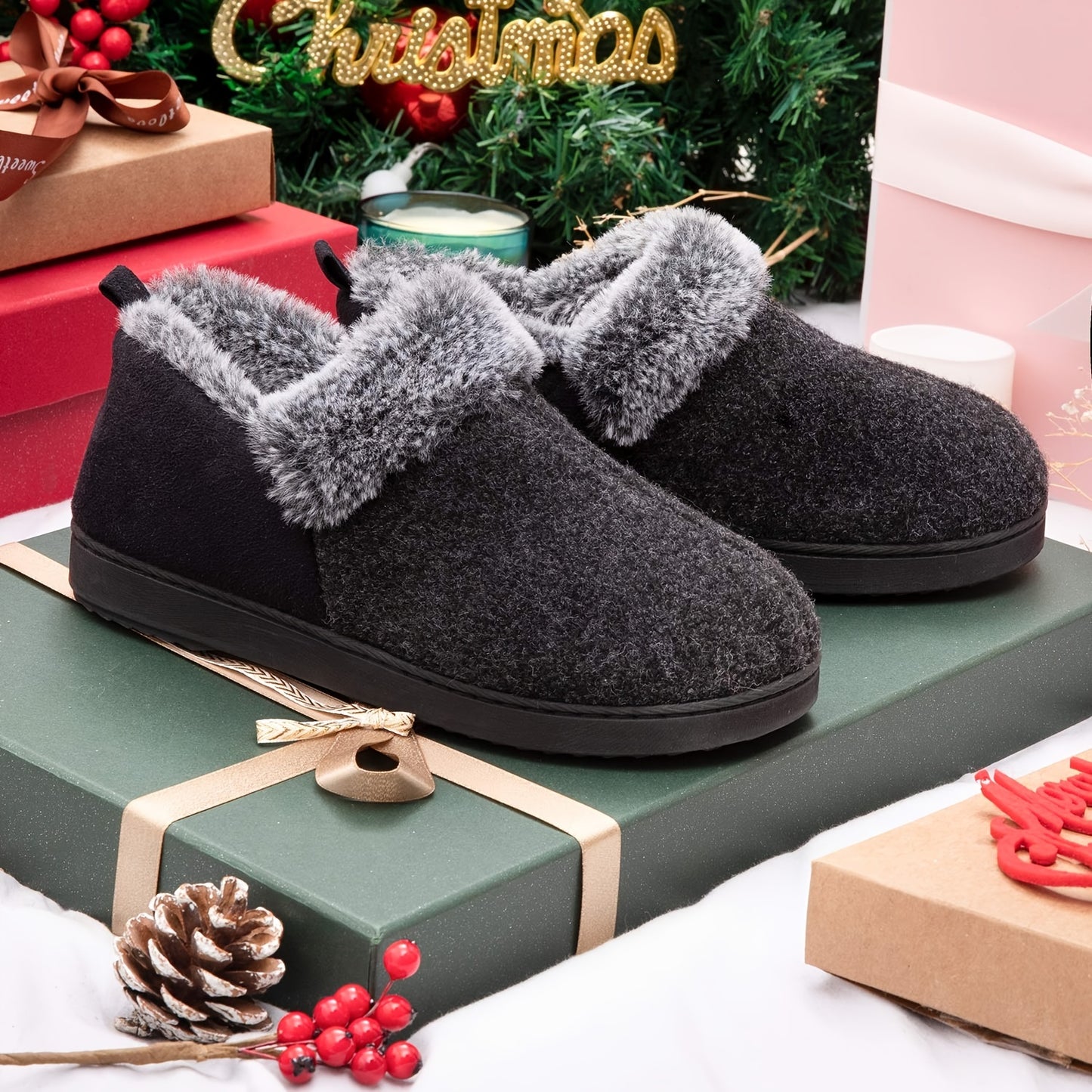 Women's Cozy Plush Household Shoes, Fuzzy Fleece Liner Package Heel Memory Foam Slip-on Shoes, Women's Footwear