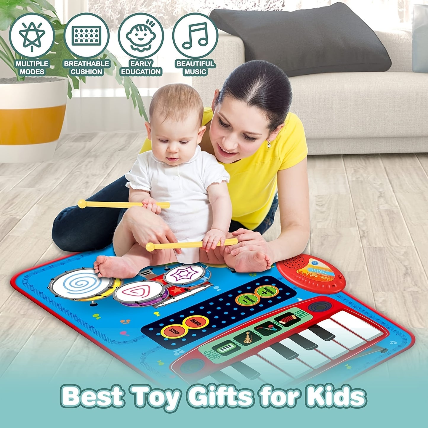 2 In 1 Musical Toys, Toddler Piano & Drum Mat With 2 Sticks, Musical Mats-Piano Keyboard & Drum, Learning Floor Blanket, Birthday Gifts For 1 2 3 Year Old Boys & Girls Baby Toys