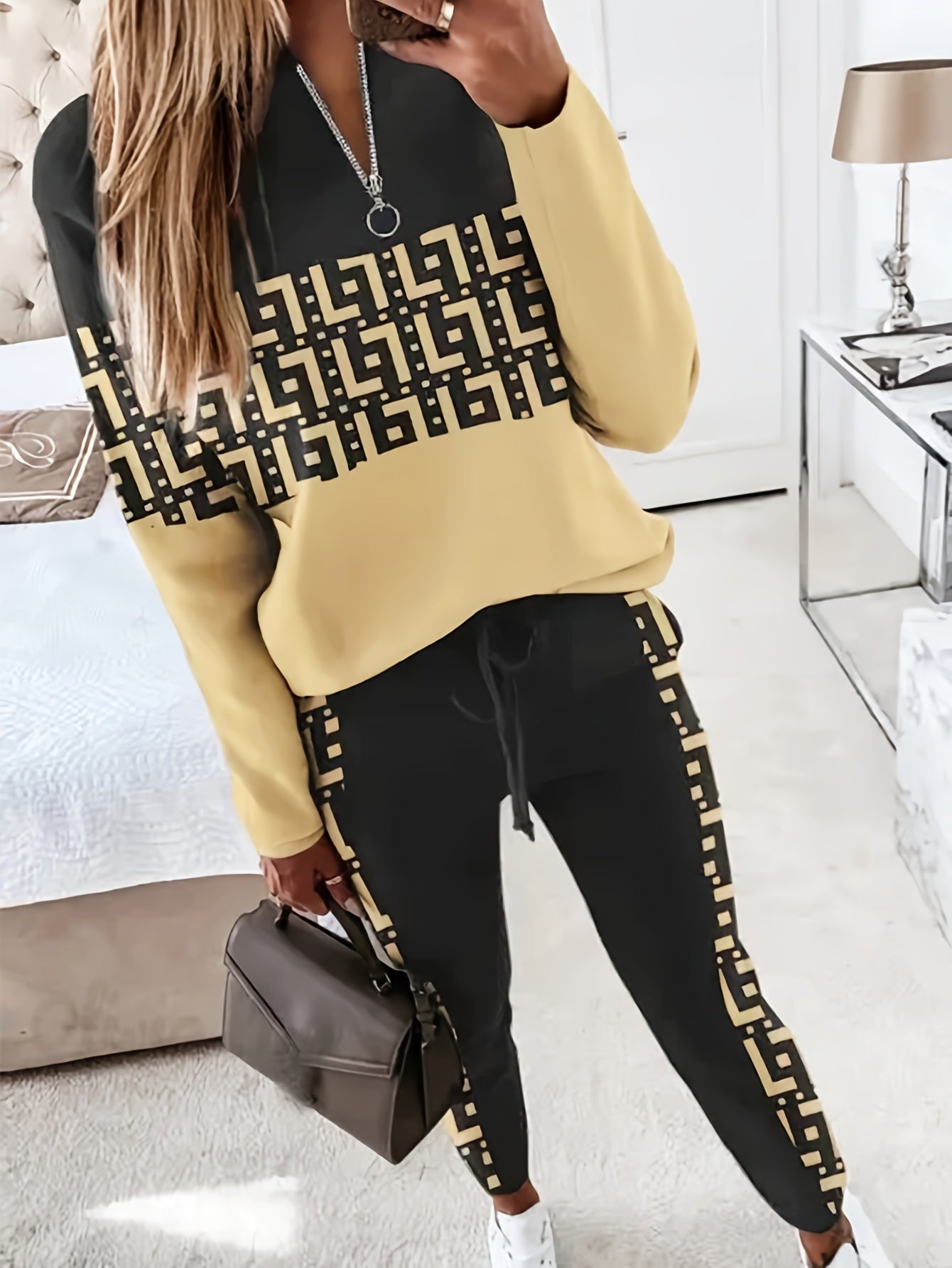 Casual Geo Print Two-piece Set, Quarter Zip Sweatshirt & Drawstring Pants Outfits, Women's Clothing