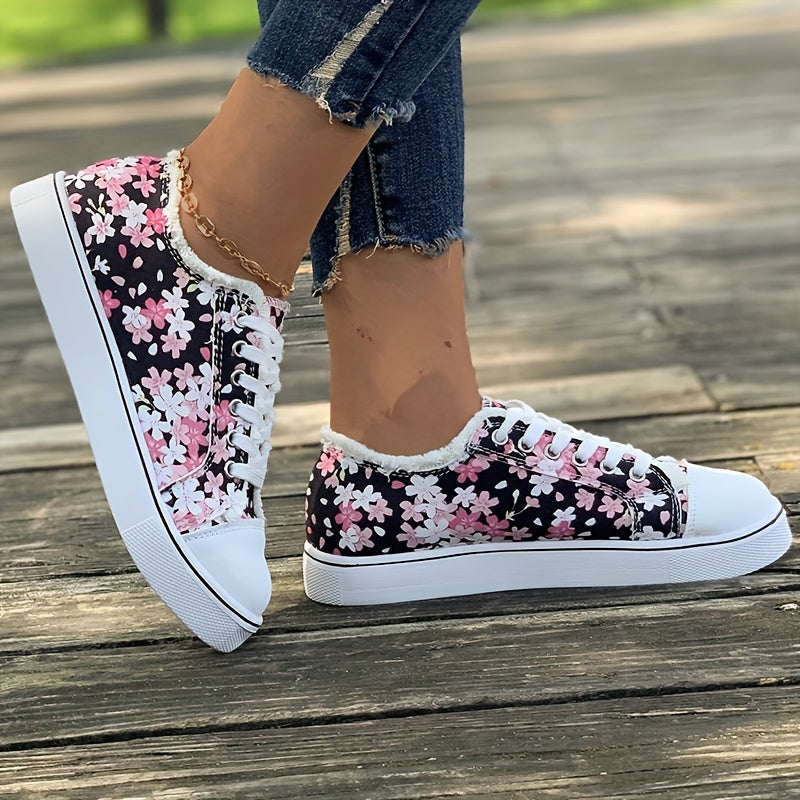 Zapatos de lona con estampado floral para mujer, Casual Lace Up Low Top Skate Shoes, Zapatillas planas de todo fósforo