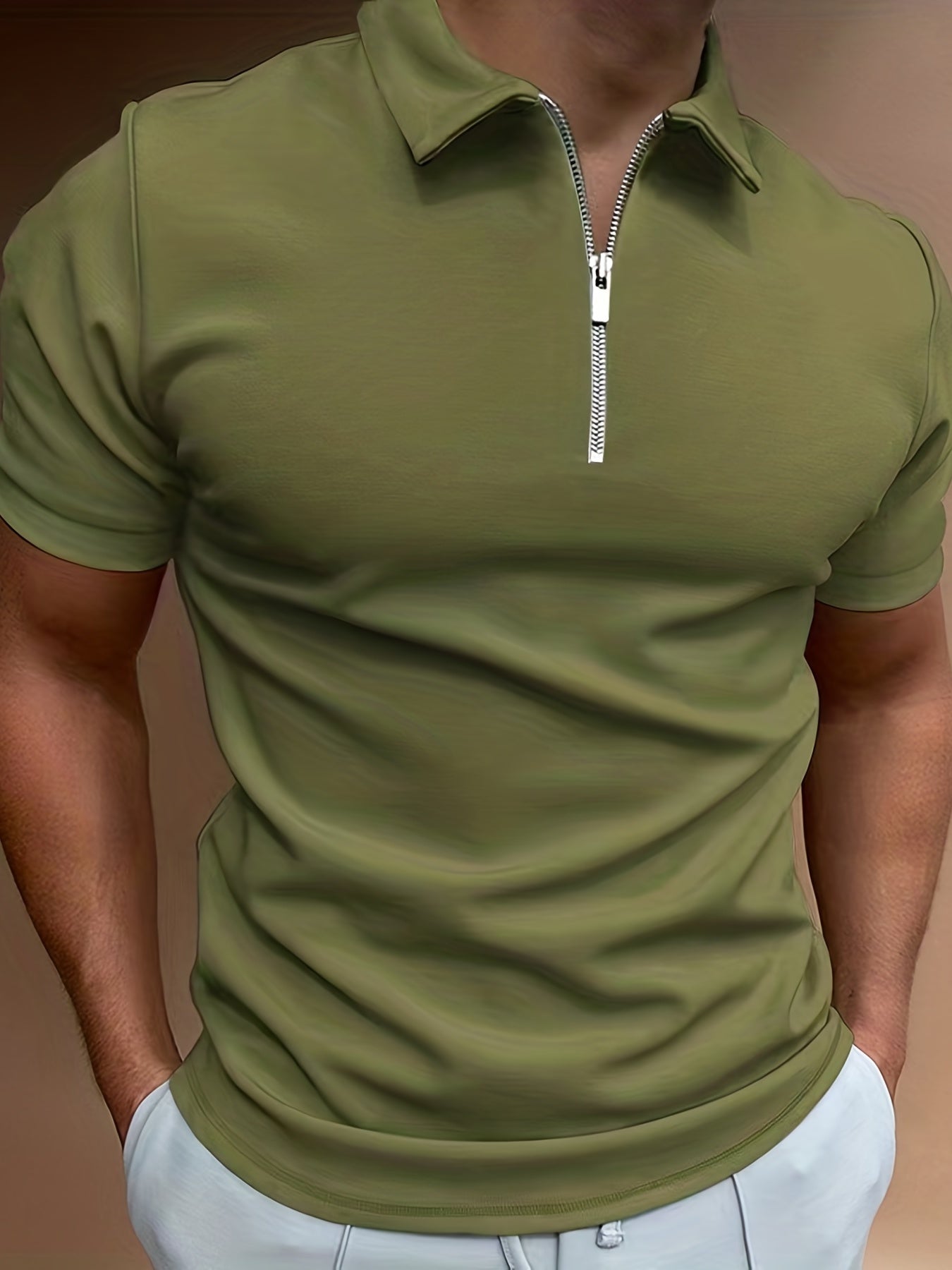 Plus Size Men's Solid Color Shirt, Lapel Zipper T-shirt, Male Casual Streetwear