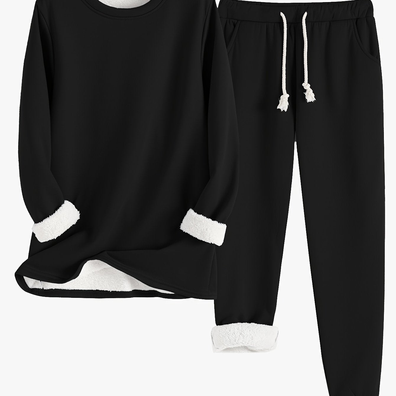 Casual Solid Thermal Two-piece Set, Crew Neck Long Sleeve Sweatshirt & Drawstring Pants Outfits, Women's Clothing