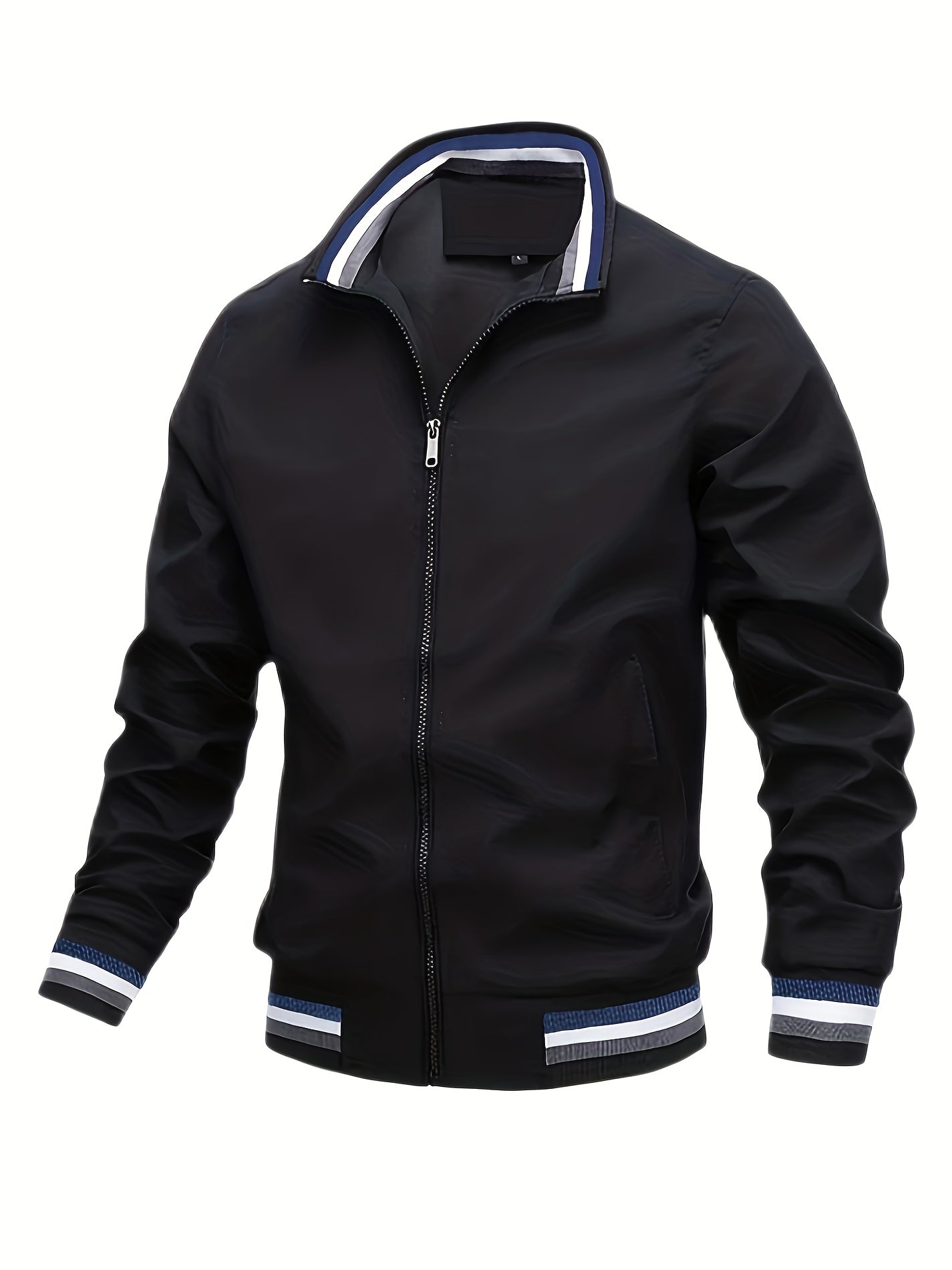 Plus Size Men's Trendy Casual Zipper Stand Collar Pocket Jacket, Solid Color Long Sleeve Stripe Pattern On The Bottom Coat Loose Oversized