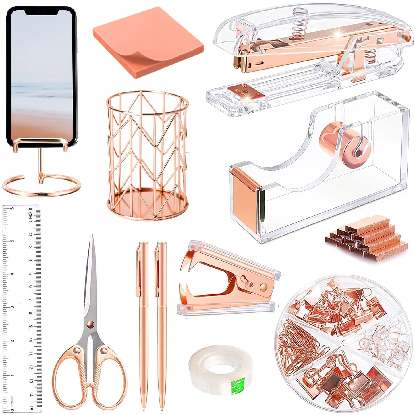 Rose Golden Desk Accessories, Acrylic Stapler, Staples Remover, Tape Holder, Pen Holder, Ballpoint Pen, Scissors, Binder, Staples, Phone Holder, Ruler, Clear Glue And Notes