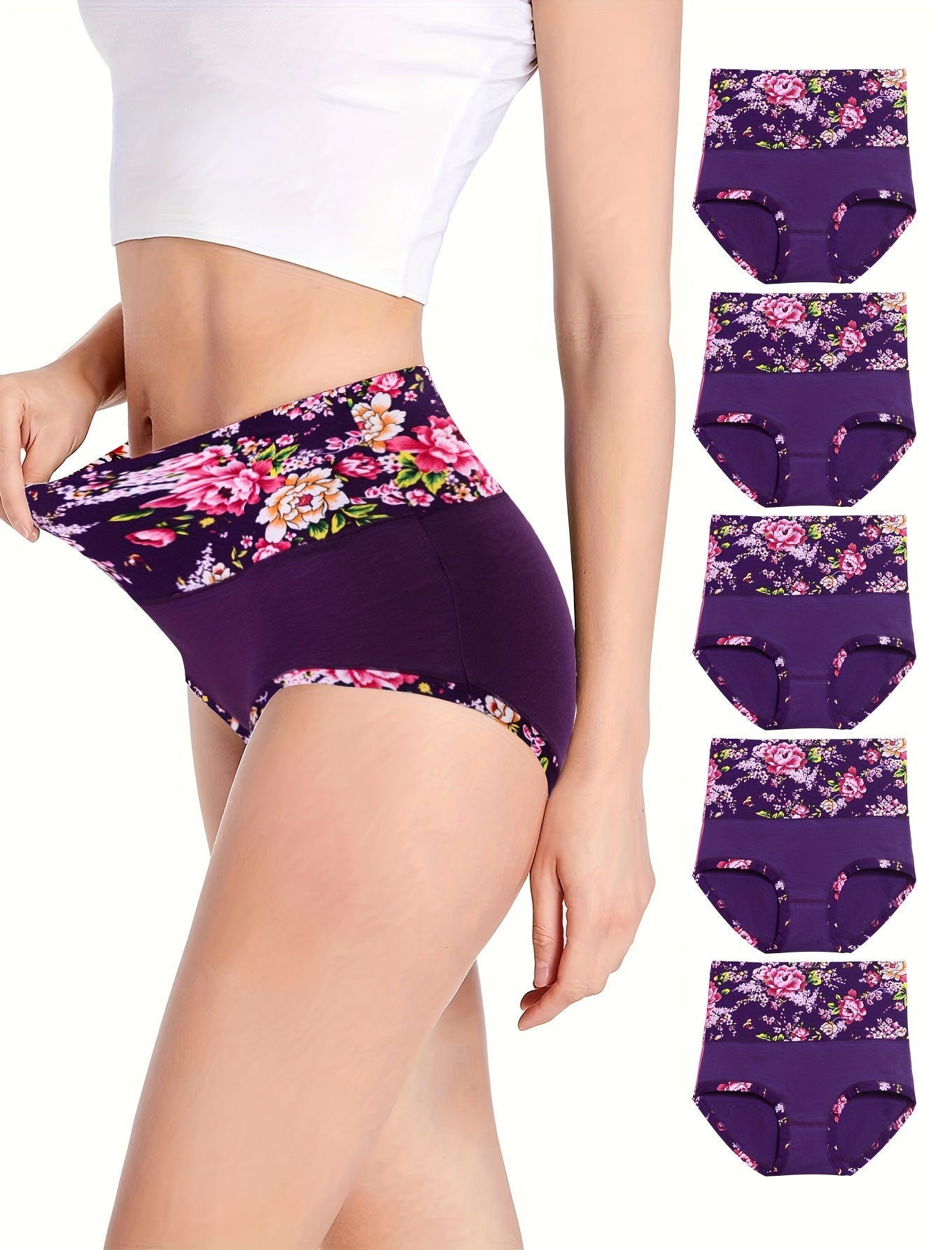 5pcs Floral Print Briefs, Comfy & Breathable Stretchy Intimates Panties, Women's Lingerie & Underwear