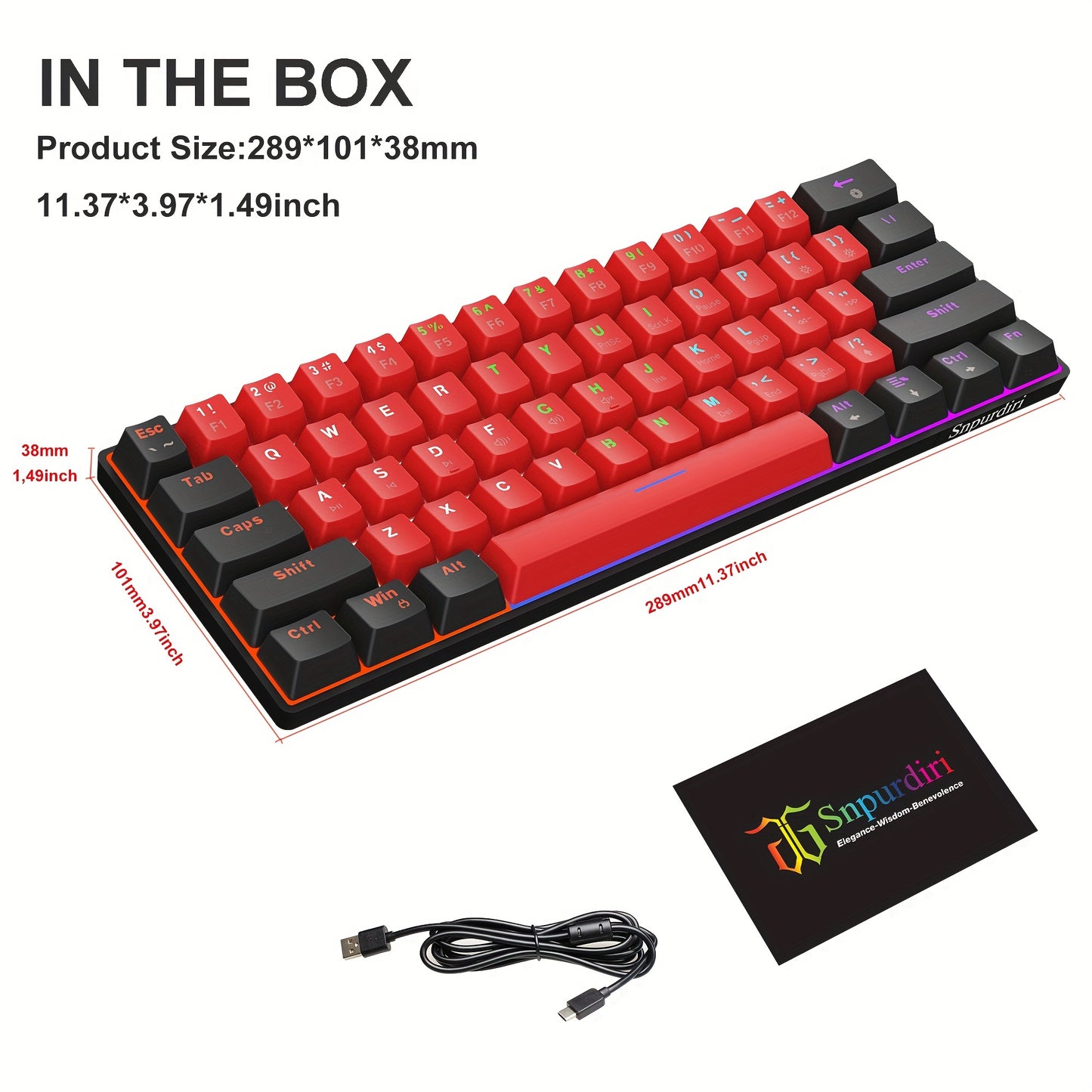 Snpurdiri 60% Wired Mechanical Keyboard, Mini Gaming Keyboard With 61 Red Switches Keys For PC, Windows XP, Win 7, Win 10 (Black-Red, Red Switches)