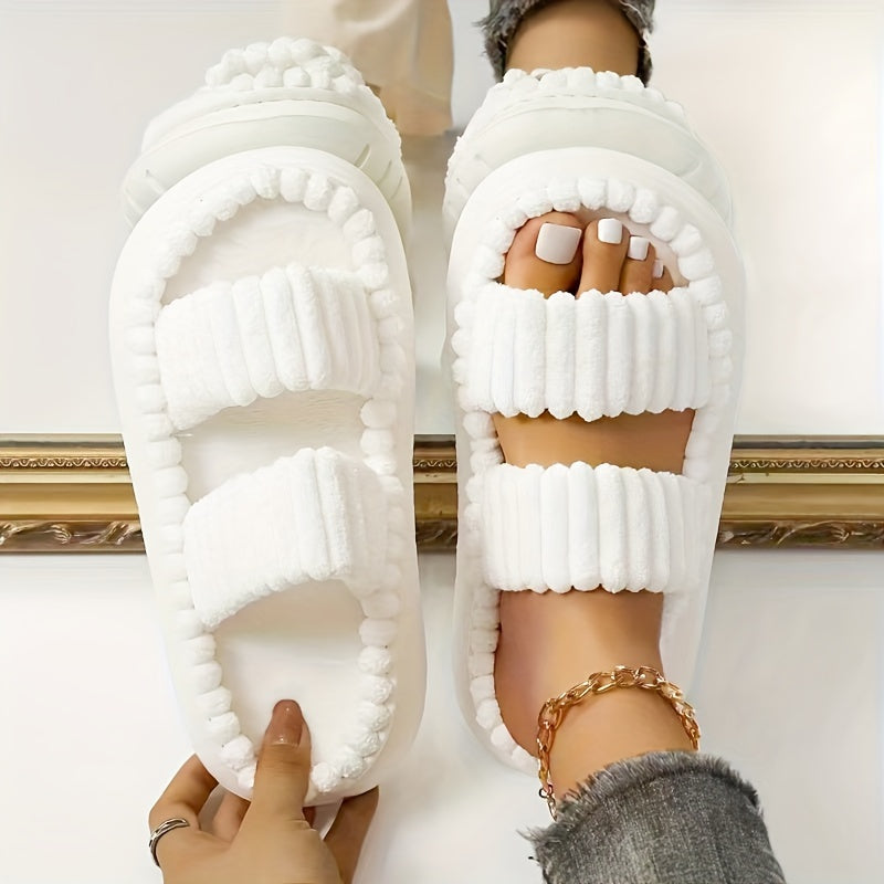 Women's Double Straps Plush Slippers, Solid Color Open Toe Non Slip Comfy Slides Shoes, Fashion Indoor Platform Slippers