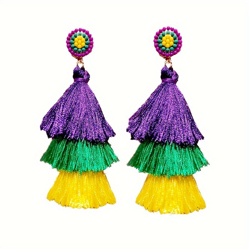 Colorful Threads Tassel Dangle Earrings Ethnic Party Style Alloy Jewelry Trendy Female Ear Ornaments mardi gras jewelry