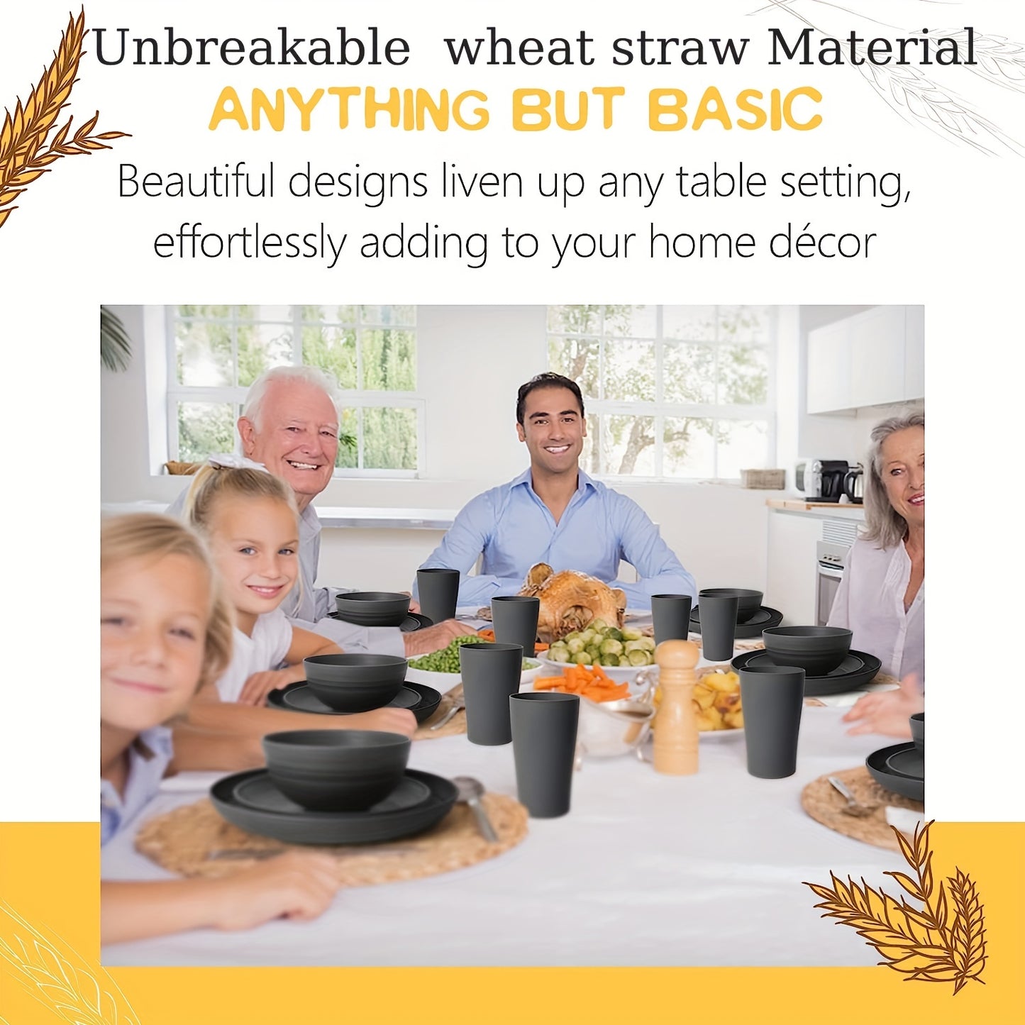 16pcs Unbreakable Dinner Plates, Wheat Straw Dinnerware Sets, Microwave Dishwasher Safe, Reusable Dinnerware, Black Set 8pcs Plates, 4pcs Bowls, 4pcs Cups