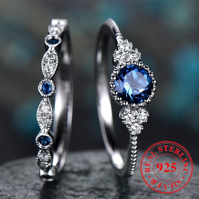 2pcs 925 Sterling Silver Stacking Rings Paved Shining Gemstone Symbol Of Beauty And Romance Engagement \u002F Wedding Ring High Quality Jewelry