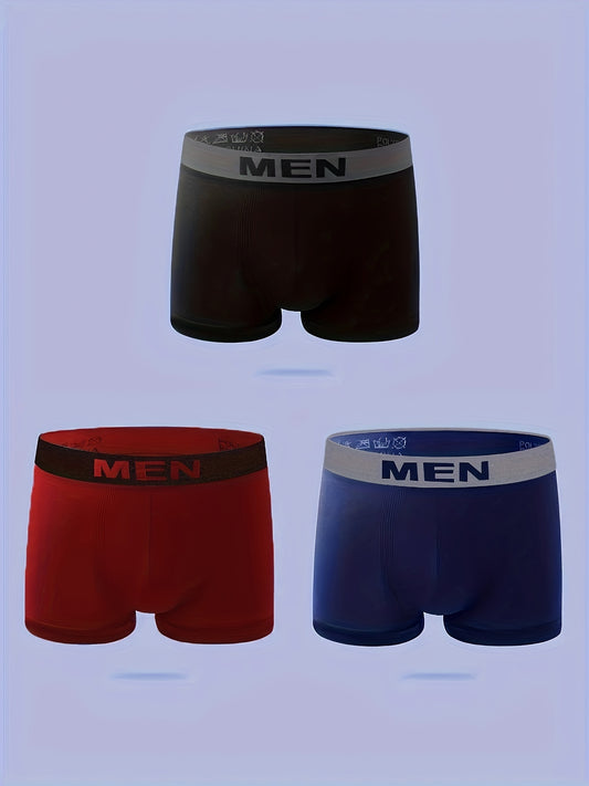 3pcs Men's 'MEN' Print Fashion Seamless Breathable Comfy High Stretch Boxer Briefs Shorts, Men's Underwear, Suitable For S\u002FM\u002FL Size