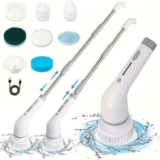 1 Set, Electric Spin Scrubber, Cordless Spin Scrubber With 7 Replaceable Brush Heads And Adjustable Extension Handle, Shower Scrub Brush, Power Cleaning Brush For Bathroom, Floor, Tile, Cleaning Supplies, Cleaning Tool, Back To School Supplies