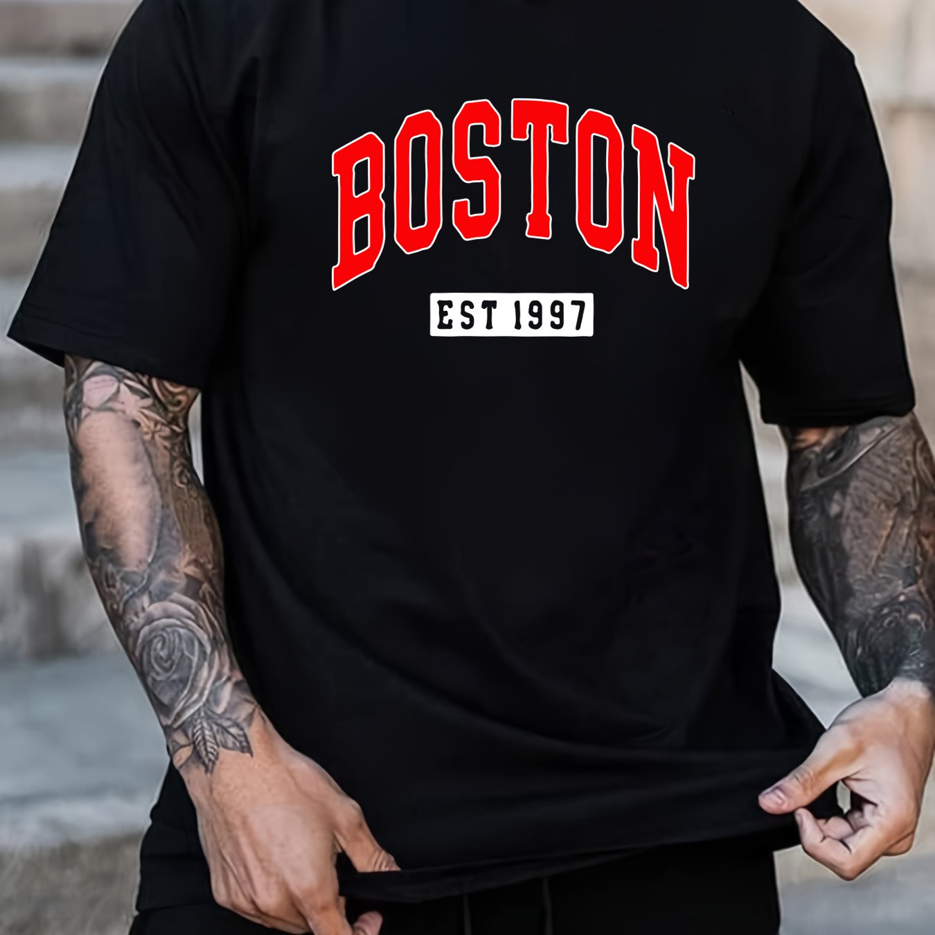 Boston Print Short Sleeve T-shirts For Men, Plus Size Stretchy Graphic Tees For Summer Casual Daily Style