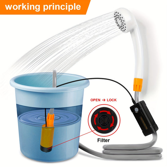 Portable Camping Shower Pump With Detachable USB Rechargeable Batteries, Portable Outdoor Shower Head- Pumps Water From Bucket Into Steady, Suitable For Camping, Traveling