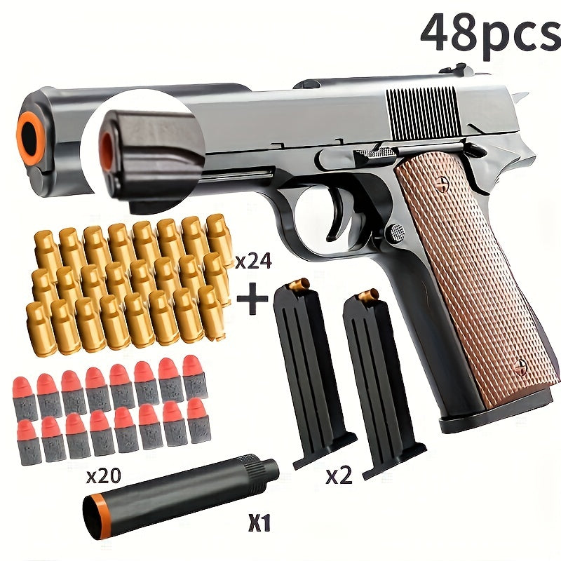 (Upgraded Won't Be A Card Shell) 48pcs M1911 Toy Gun Set (1 Toy Gun + 24 Egg Shell + 20 Bullets + 1 Silencer + 2 Bullet Clips) Halloween Thanksgiving Christmas Gift