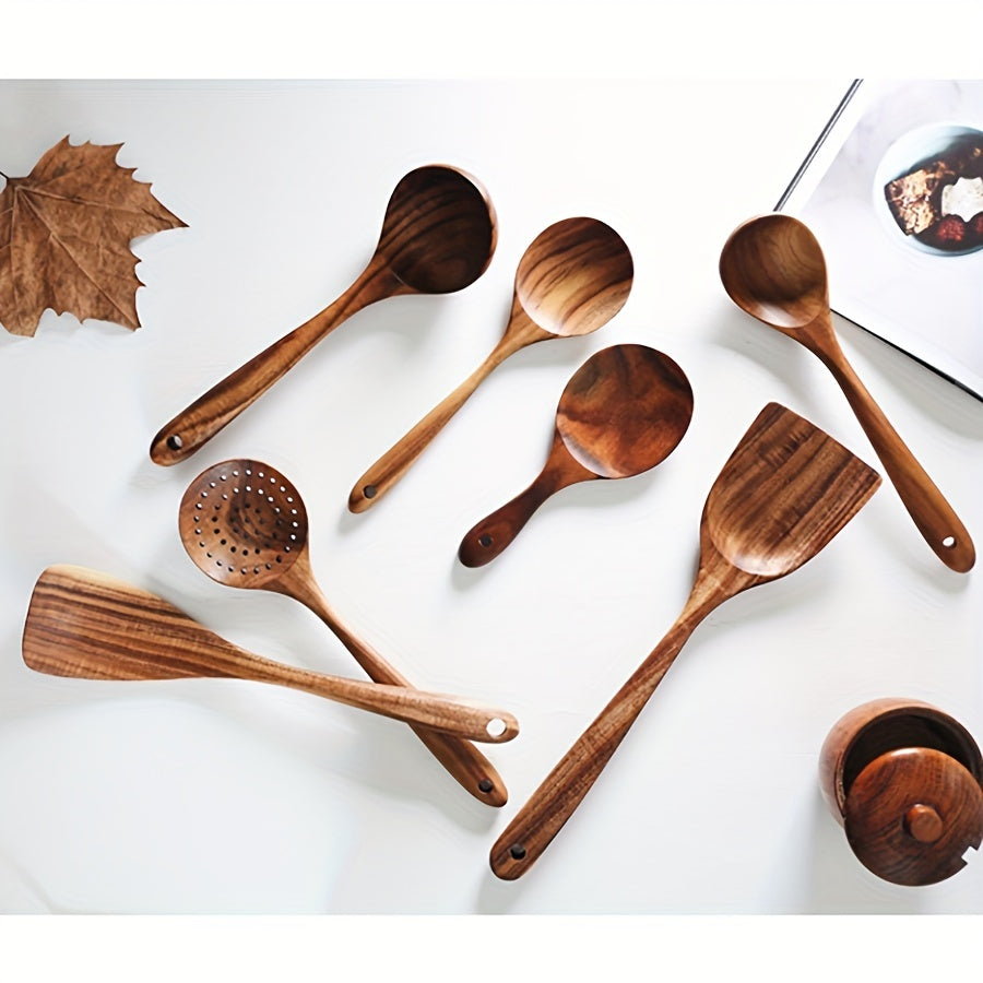 7pcs cuillères en bois de teck naturel pour la cuisine-spatule antiadhésive avec poignée confortable-parfait pour la rentrée des fournitures scolaires