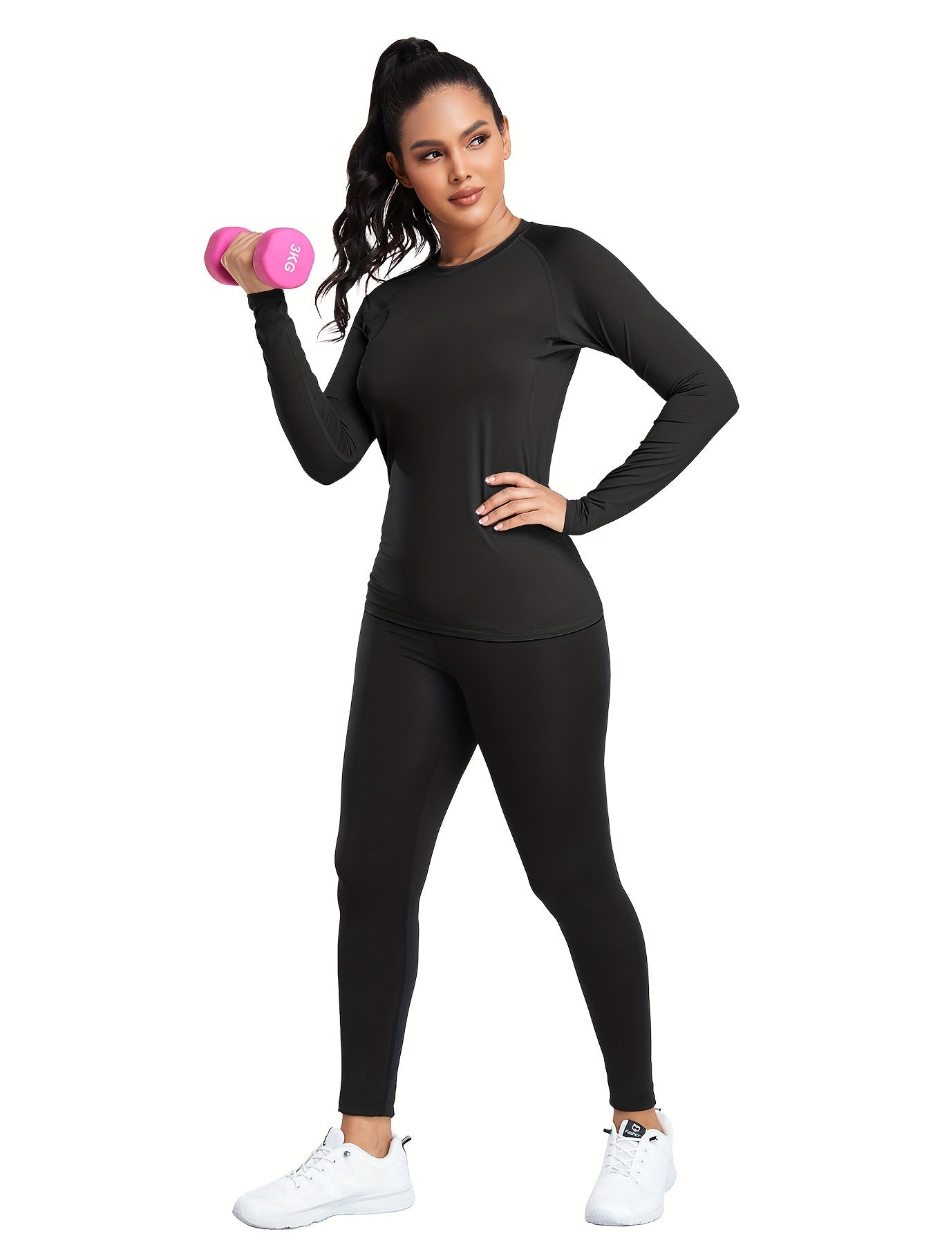 4Pcs Solid Color Sporty T-Shirt, Long Sleeves Round Neck Mid-Stretch Fitness Top, Women's Activewear