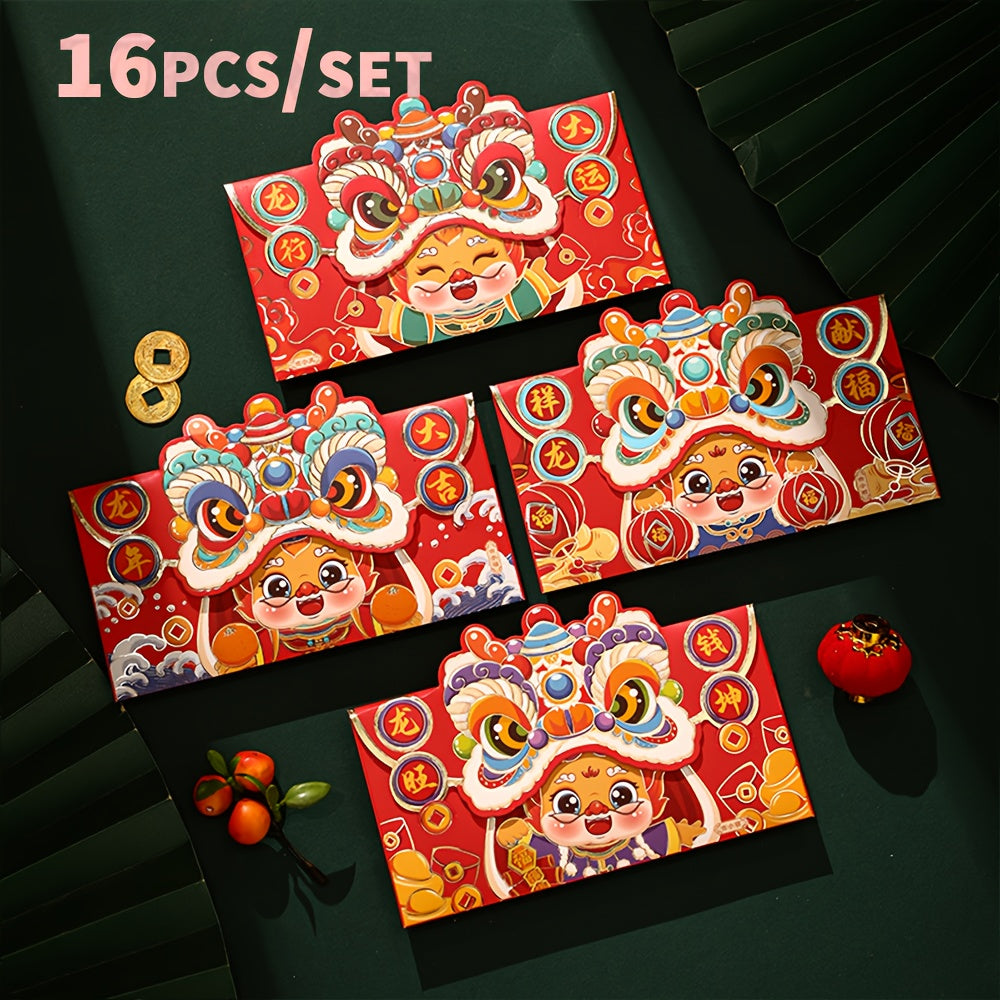 16pcs Dragon Année Enveloppes Rouges, 2024 National Tide Awakening Lion Enveloppes Rouges, Cartoon Bronzage Enveloppes Rouges Sacs, Creative Spring Festival Lucky Money Bag, Cadeau du Nouvel An Chinois, Hong Bao, Happy Lunar New Year