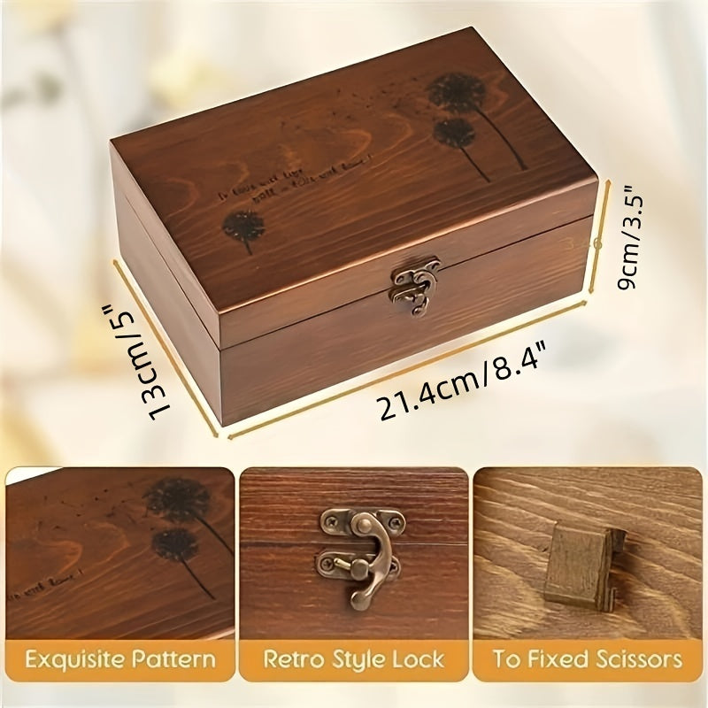 Caja de costura de madera de la vendimia del hogar 1pc, caja de costura de madera de las herramientas de costura de DIY, aguja de madera sólida multifuncional y suministros de arte de la caja de almacenamiento del hilo