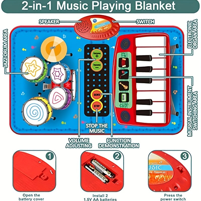 2 In 1 Musical Toys, Musical Blanket Toddler Piano & Drum Mat With 2 Sticks, Learning Floor Blanket, Birthday Gifts For 1 2 3 Year Old Boys & Girls