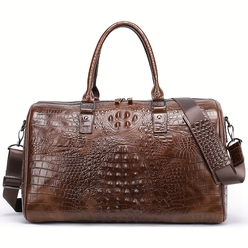 1pc Men's Crocodile Pattern Travel Bag, Casual Top Layer Cowhide Traveling Large Bag