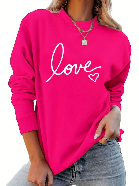 Heart & Love Print Pullover Sweatshirt, Casual Long Sleeve Crew Neck Sweatshirt, Women's Clothing