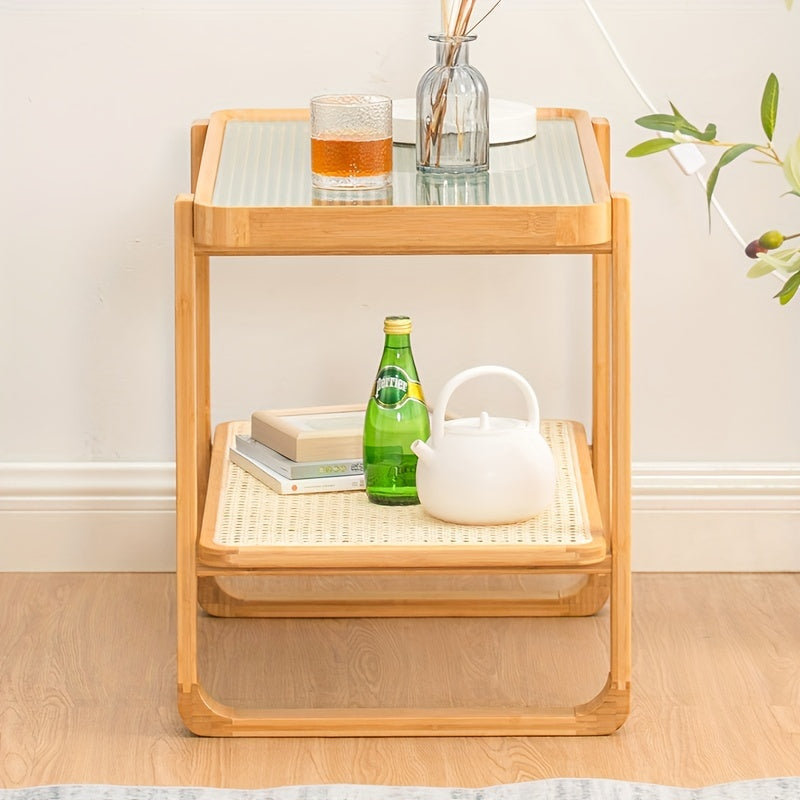 1pc Sea Shipping. Sofa Side Table, Minimalist Living Room Mini Balcony Small Coffee Table, Log Color Glass Bedside Table Rattan Braided Corner Table