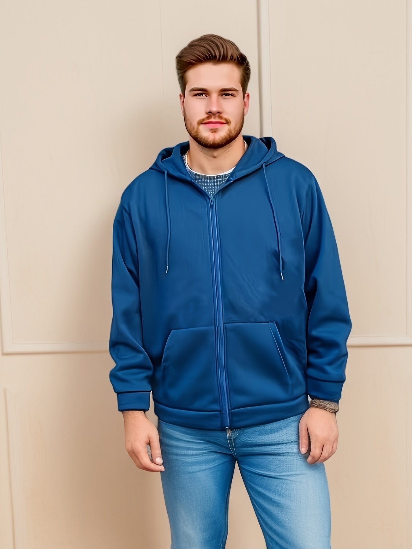 Plus Size Men's Solid Hoodies Oversized Hooded Jacket With Zipper For Fall Winter, Men's Clothing