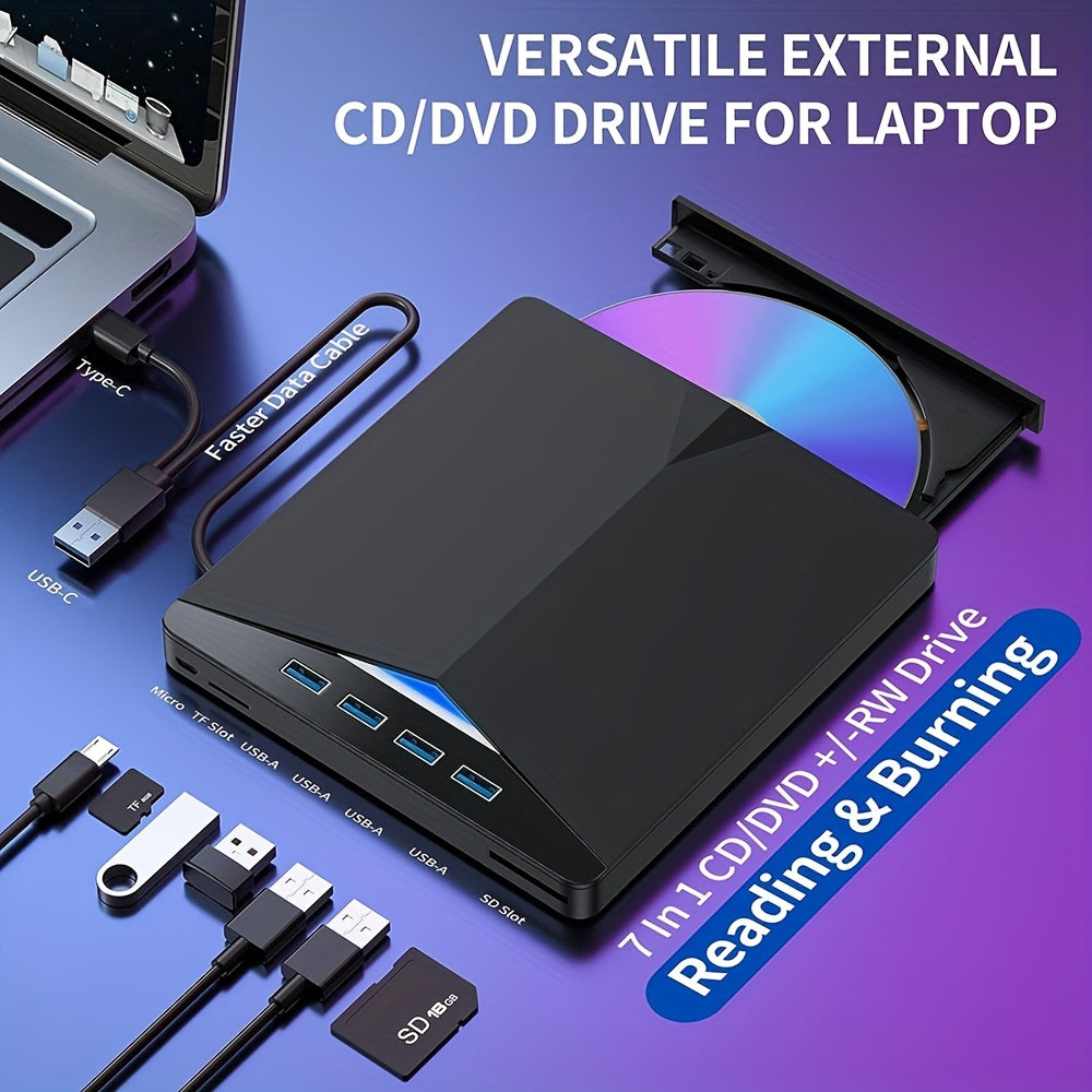 محرك أقراص CD\u002FDVD خارجي 7 في 1 لأجهزة الكمبيوتر المحمول، ومشغل أقراص DVD USB 3.0 من النوع C، ناسخ أقراص مضغوطة محمول\u002FDVD، محرك أقراص مضغوطة خارجي DVD بصري متوافق مع أجهزة الكمبيوتر المحمول المكتبية Windows 11\u002F10\u002F8\u002F7 Linux Mac OS