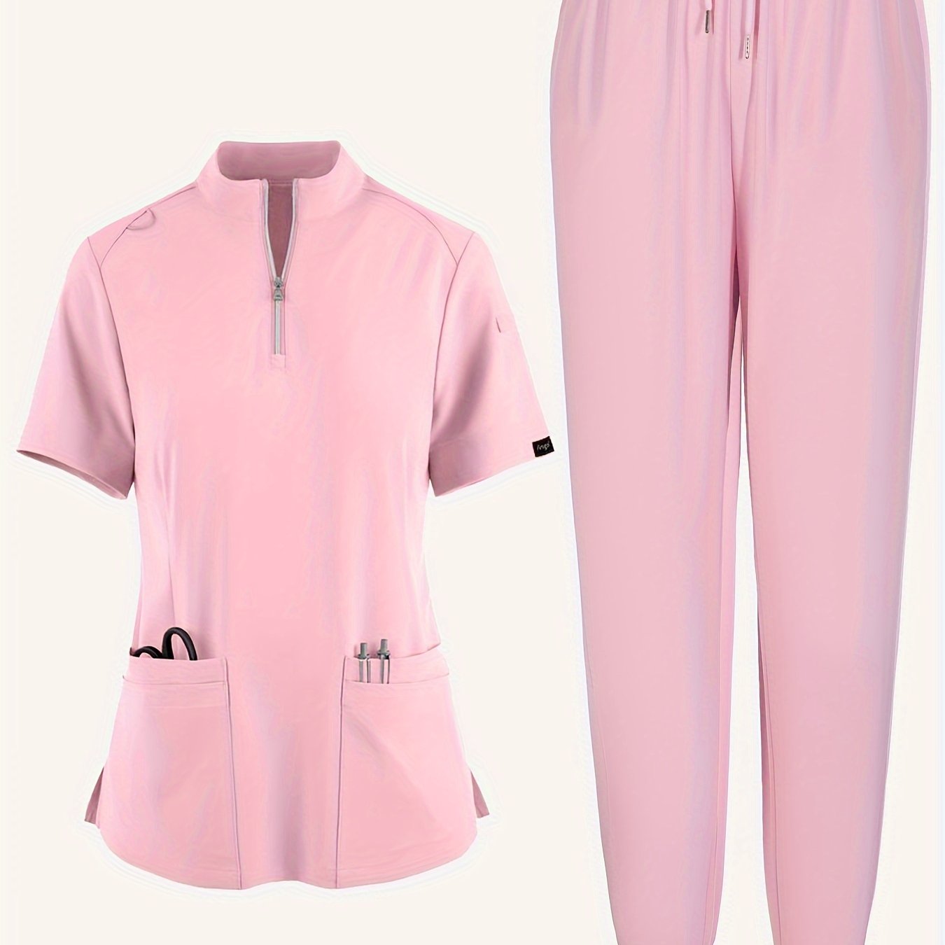 Solid Two-piece Set, Elegant Short Sleeve Scrub Top & Drawstring Pants Outfits For Medical & Health Care, Women's Clothing