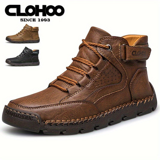Men PU Leather Hiking Shoes Soft Sole Lace-up Platform Shoes, Outdoor Walking Shoes, Spring Autumn And Winter