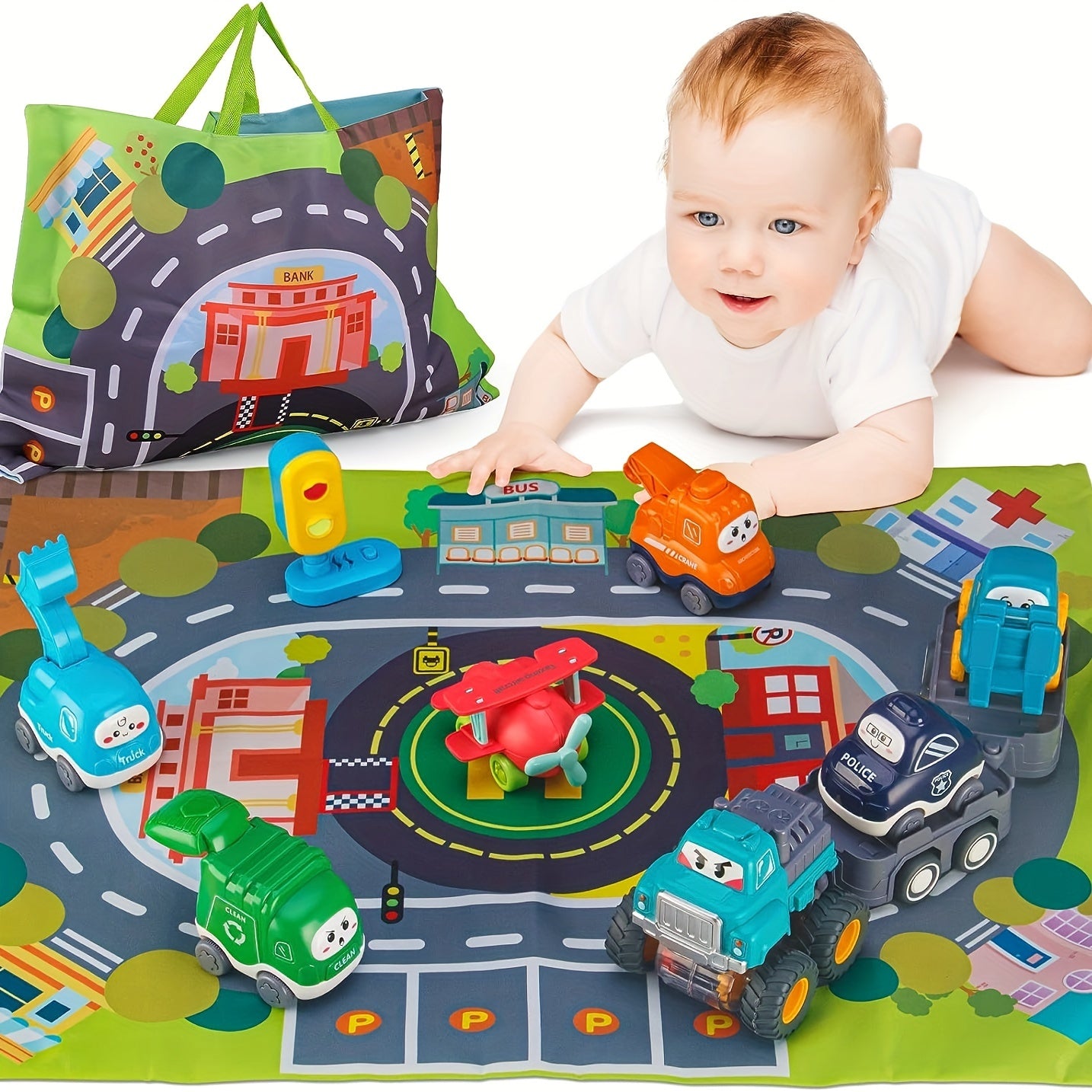 A Set Of 6 Inertia-powered Toy Cars With Trailer And City Map Storage Mat