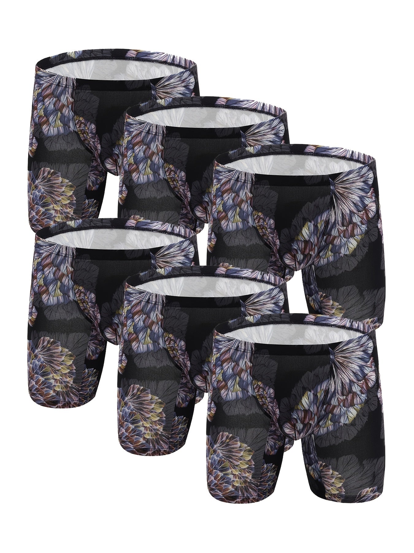 6pcs hombres flor patrón moda personalidad larga pierna boxer calzoncillos cortos, transpirable cómodo secado rápido elástico boxer troncos, en forma de U bolsa convexa bragas, ropa interior de los hombres