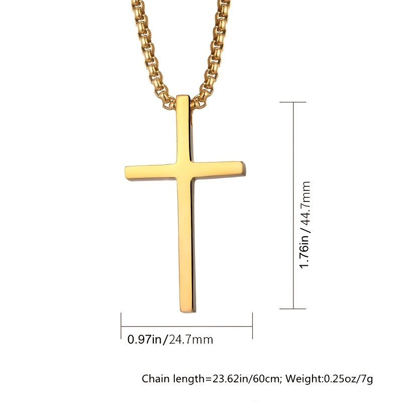 Funky Polished Minimalistic Cross Pendant Necklace For Men, Stainless Steel Chain Necklace